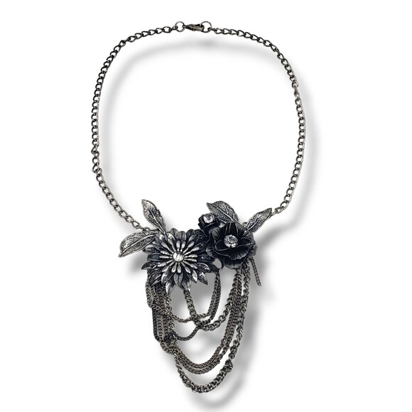 Silver Tone Metal Flower Rhinestone Bib Chain Loops Collar Necklace Art Nouveau - Picture 5 of 9